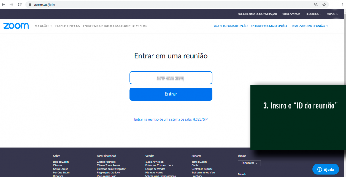 3. Insira o “ID da reunião” copiar