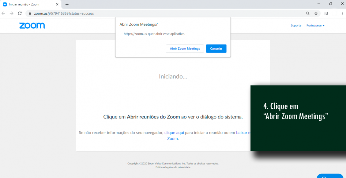 4. Clique em “Abrir Zoom Meetings”